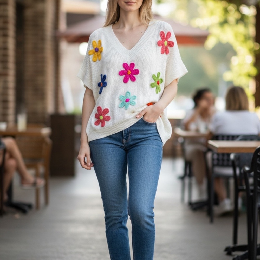 BiBi White Knit Top with Colorful Floral Design